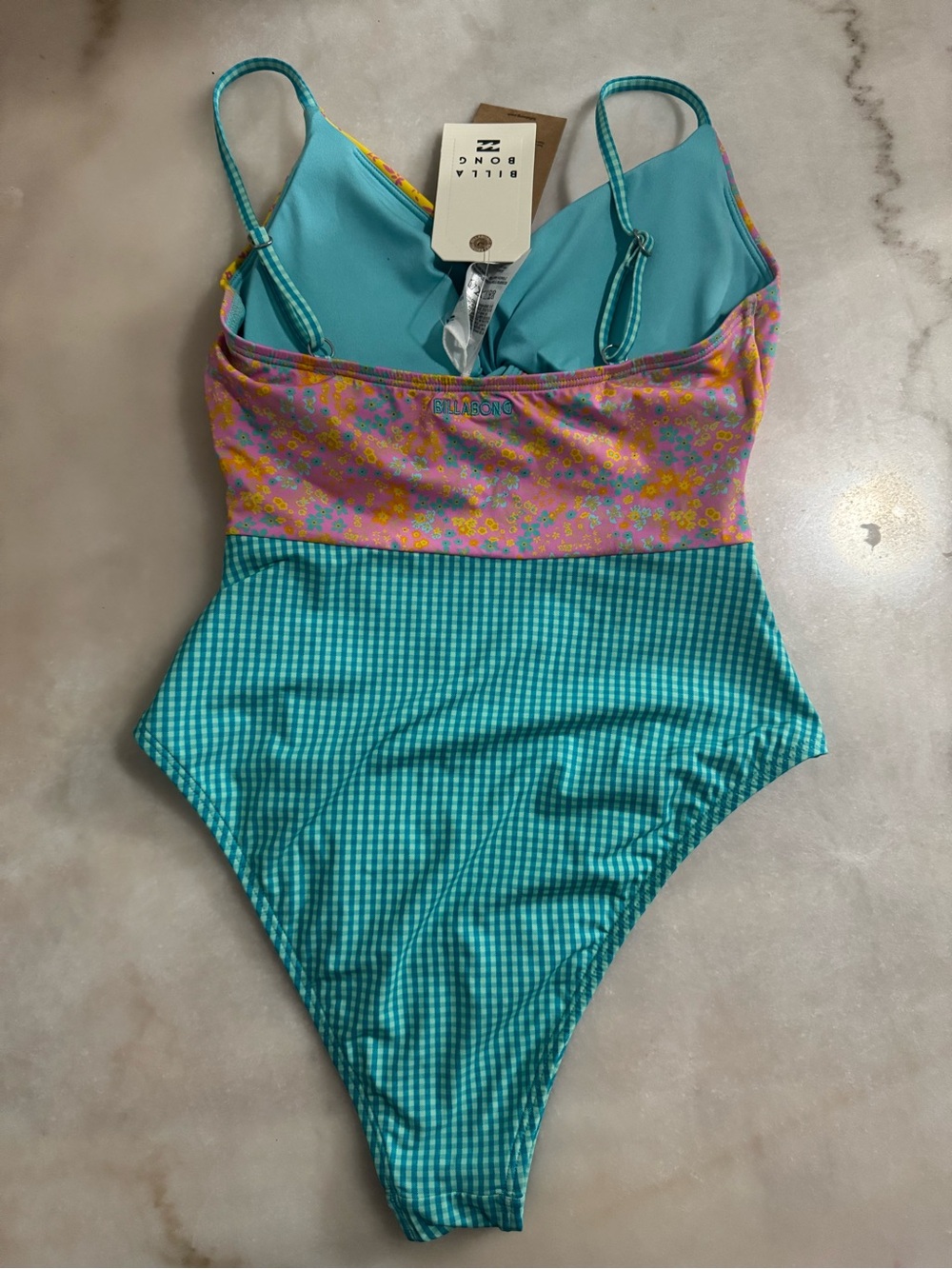 Billabong Gingham & Floral one-Piece Swimsuit - Turquoise, Pink & Yellow - Picture 2 of 4